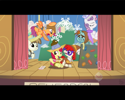 Size: 1280x1024 | Tagged: safe, artist:facelessjr, apple bloom, chancellor puddinghead, clover the clever, commander hurricane, featherweight, princess platinum, private pansy, scootaloo, smart cookie, snips, sweetie belle, twist, cutie mark crusaders, fake screencap, glasses, hub logo, ponies riding ponies, riding, school play, scootaloo can't fly, shrug, stage