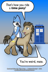 Size: 900x1335 | Tagged: safe, artist:paulrus-keaton, derpibooru import, doctor whooves, crossover, doctor who, mordecai, regular show, ride, rider, riding, tardis