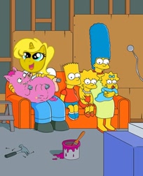 Size: 442x542 | Tagged: safe, edit, oc, oc only, oc:ticket, alicorn, pig, pony, baby cakes, alicorn oc, bart simpson, couch gag, harry plopper, homer simpson, lisa simpson, maggie simpson, marge simpson, piggie pie, spiderpig, the simpsons