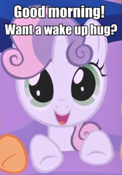 Size: 342x491 | Tagged: safe, sweetie belle, bronybait, hug, hug request, image macro