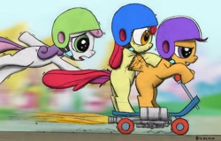 Size: 3124x1996 | Tagged: safe, artist:jarwall, apple bloom, scootaloo, sweetie belle, cutie mark crusaders, scooter