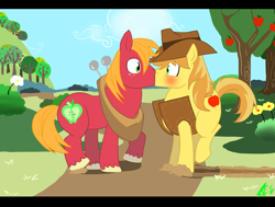 Size: 850x644 | Tagged: safe, artist:delineationcreation, derpibooru import, big macintosh, braeburn, earth pony, pony, accident, accidental kiss, blushing, braemac, gay, incest, kissing, male, shipping, skid mark, sofa, stallion