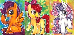 Size: 550x261 | Tagged: safe, artist:greyradian, apple bloom, scootaloo, sweetie belle, cutie mark crusaders, traditional art