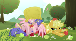 Size: 2970x1620 | Tagged: safe, artist:equestria-prevails, applejack (g1), firefly, earth pony, pegasus, pony, g1, rescue at midnight castle, annoyed, apple, applejack is not amused, basket, feather, featured image, female, g1 to g4, generation leap, grin, mare, scene interpretation, unamused