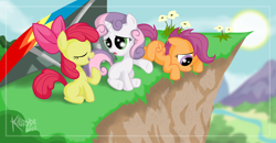 Size: 2880x1500 | Tagged: safe, artist:killryde, apple bloom, scootaloo, sweetie belle, cutie mark crusaders, hang glider