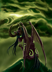 Size: 1205x1667 | Tagged: safe, artist:mugi-hamster, derpibooru import, demon, pony, bat wings, blindfold, cloud, crossover, glowing eyes, hoof hold, horns, illidan stormrage, looking at you, looking back, ponified, rain, sitting, spread wings, tattoo, warcraft, world of warcraft