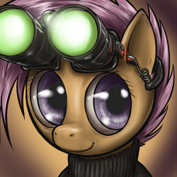 Size: 600x600 | Tagged: safe, artist:aphexangel, derpibooru import, scootaloo, ask stalkerloo, clothes, goggles, night vision goggles, solo, splinter cell, stalkerloo