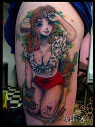 Size: 512x683 | Tagged: safe, artist:emlan, artist:luci.lou, carrot top, golden harvest, garden, humanized, photo, pinup, tattoo