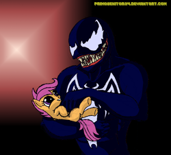 Size: 1178x1064 | Tagged: dead source, safe, artist:primogenitor34, scootaloo, pony, bellyrubs, cute, cutealoo, holding a pony, spider-man, venom