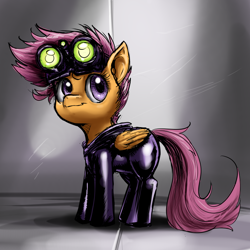 Size: 800x800 | Tagged: safe, artist:aphexangel, derpibooru import, scootaloo, ask stalkerloo, clothes, cute, latex, solo, stalkerloo