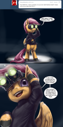 Size: 600x1200 | Tagged: safe, artist:aphexangel, derpibooru import, scootaloo, ask stalkerloo, cute, hooves, splinter cell, stalkerloo, unshorn fetlocks