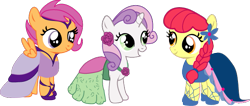 Size: 623x263 | Tagged: safe, artist:lottapotatosalad, apple bloom, scootaloo, sweetie belle, clothes, cutie mark crusaders, dress, gala dress