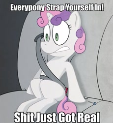 Size: 551x600 | Tagged: safe, artist:okiedokielowkey, derpibooru import, sweetie belle, car, image macro, seatie belt, solo, vulgar