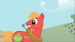 Size: 853x480 | Tagged: safe, derpibooru import, screencap, big macintosh, earth pony, pony, the ticket master, cute, deleted scene, grin, happy, macabetes, male, official, smiling, solo, stallion, sweet apple acres