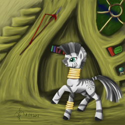 Size: 1024x1024 | Tagged: safe, artist:dalagar, derpibooru import, zecora, zebra, ear piercing, earring, female, jewelry, piercing, quadrupedal, raised hoof, smiling, solo, spear, stairs, weapon, window, zecora's hut