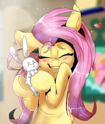 Size: 586x691 | Tagged: safe, artist:pinki3xpie, angel bunny, fluttershy, pegasus, pony, rabbit, animal, bipedal, blushing, cute, eyes closed, female, floating heart, grin, heart, hug, mare, shyabetes, signature, smiling