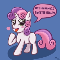 Size: 2000x2000 | Tagged: dead source, safe, artist:eddiedodoman, derpibooru import, sweetie belle, pony, unicorn, blue background, blushing, dialogue, female, filly, heart, high res, raised hoof, simple background, talking to viewer