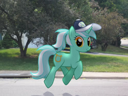 Size: 900x675 | Tagged: safe, artist:thatonedashiefan, derpibooru import, lyra heartstrings, baseball cap, hat, irl, photo, ponies in real life, ponytail, shadow, street, vector