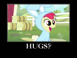 Size: 750x574 | Tagged: safe, edit, screencap, apple bloom, earth pony, pony, family appreciation day, adorabloom, bronybait, bunny bloom, bunny costume, clothes, cute, female, filly, hub logo, hug, hug request, motivational poster, open mouth, question, smiling