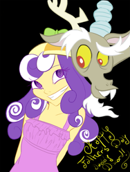 Size: 675x900 | Tagged: safe, artist:solanxpsychopathic, discord, screwball, clothes, daddy discord, dress, father's day, hat, humanized, propeller hat, smiling, swirly eyes