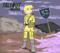 Size: 900x800 | Tagged: safe, artist:glue123, oc, oc only, oc:puppysmiles, fallout equestria, fallout equestria: pink eyes, crossover, fanfic, fanfic art, female, hazmat suit, humanized, pink cloud (fo:e), rock, rock of destiny, route 52, solo, text, wasteland