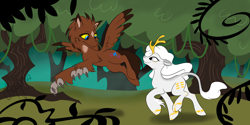 Size: 2000x1000 | Tagged: safe, artist:calicopikachu, oc, oc only, hippogriff, kirin, claws, curved horn, duo, everfree forest, forest, horn, paws, star (coat marking), tree