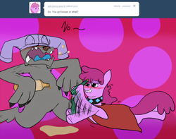 Size: 1000x786 | Tagged: safe, derpibooru import, berry punch, berryshine, rover, ask, ask the diamond dogs, drunk, tumblr