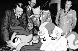 Size: 640x421 | Tagged: safe, derpibooru import, scootaloo, sweetie belle, human, pony, adolf hitler, heinrich himmler, irl, photo, ponies in real life, vector