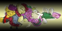 Size: 692x352 | Tagged: safe, artist:rannva, derpibooru import, apple bloom, scootaloo, spike, sweetie belle, dragon, braid, clothes, cutie mark crusaders, pajamas, sleeping, sleepover