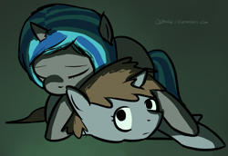 Size: 1004x690 | Tagged: safe, artist:johnnoz, derpibooru import, oc, oc only, oc:homage, oc:littlepip, pony, unicorn, fallout equestria, cuddling, eyes closed, fanfic, fanfic art, female, hooves, horn, lesbian, lying down, mare, oc x oc, pipmage, shipping, sleeping