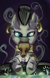 Size: 1400x2182 | Tagged: safe, artist:rppirate, derpibooru import, zecora, zebra, brew, cauldron, mouth hold, potion, solo