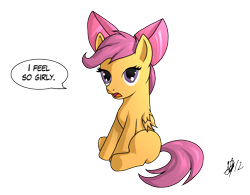 Size: 3682x2866 | Tagged: dead source, safe, artist:newbonzy, derpibooru import, scootaloo, pegasus, pony, apple bloom's bow, blank flank, female, filly, foal, hair bow, high res, hilarious in hindsight, hooves, open mouth, simple background, sitting, solo, speech bubble, talking, transparent background, wings