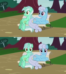 Size: 320x360 | Tagged: safe, derpibooru import, screencap, linky, lyra heartstrings, shoeshine, earth pony, pony, unicorn, dragonshy, artifact, bench, duo, looking at you, meme, meme origin, prone, sitting, sitting lyra