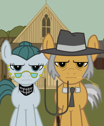 Size: 639x768 | Tagged: safe, artist:filipinoninja95, derpibooru import, cloudy quartz, igneous rock pie, earth pony, pony, american gothic, equestrian gothic, fine art parody, hilarious in hindsight, parody