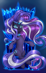 Size: 944x1500 | Tagged: safe, artist:pia-sama, nightmare rarity, pony, unicorn, crystal, female, looking at you, mare, simple background, sitting, solo, throne