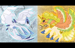 Size: 1000x650 | Tagged: safe, artist:renepolumorfous, derpibooru import, alicorn, pony, ho-oh, lugia, pokémon, ponified