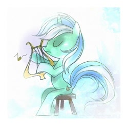 Size: 500x490 | Tagged: safe, artist:shiro, lyra heartstrings, pony, unicorn, eyes closed, lyre, music notes, musical instrument, sitting, solo, stool, traditional art