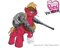 Size: 1500x1200 | Tagged: safe, artist:teddyhands, derpibooru import, part of a series, part of a set, big macintosh, earth pony, pony, ammo drum, bandage, bandana, browning m2, m2 browning, machine gun, male, minigun, stallion, stitches, vietnam, vietnam war, vietnam war series, war, weapon