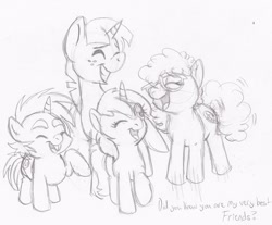 Size: 900x744 | Tagged: dead source, safe, artist:enigmaticfrustration, dinky hooves, snails, snips, twist, glasses, monochrome, sketch