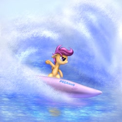 Size: 1000x1000 | Tagged: safe, artist:rayhiros, scootaloo, awesome, ocean, summer, surfboard, surfing, wet mane