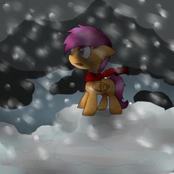 Size: 1700x1700 | Tagged: safe, artist:mehh32980, scootaloo, clothes, scarf, snow, snowfall, solo