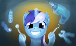 Size: 798x486 | Tagged: safe, artist:vapgames, minuette, pony, unicorn, dentist, drill, female, levitation, magic, mare, needle, syringe, telekinesis, toothbrush