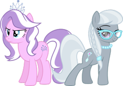 Size: 900x629 | Tagged: dead source, safe, artist:kraysee, derpibooru import, diamond tiara, silver spoon, pony, female, glasses, older, older diamond tiara, older silver spoon, simple background, transparent background, vector