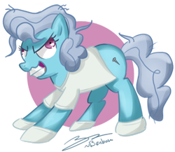 Size: 600x521 | Tagged: safe, artist:b0nbon, derpibooru import, screw loose, circle background, faic, insanity, messy mane, signature, solo