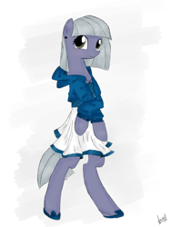 Size: 2448x3264 | Tagged: safe, artist:marisalle, limestone pie, anthro, unguligrade anthro, bipedal, blushing, clothes, cute, ear piercing, earring, high res, hoodie, jewelry, limabetes, piercing, shoes, skirt, skirt pull, solo