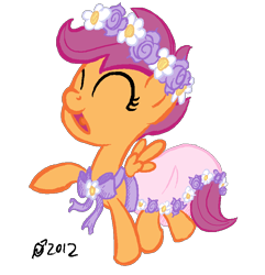 Size: 834x864 | Tagged: dead source, safe, artist:derkrazykraut, derpibooru import, scootaloo, pegasus, pony, clothes, dancing, dress, eyes closed, female, filly, flower filly, open mouth, simple background, transparent background