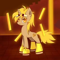 Size: 800x800 | Tagged: safe, artist:muffinsforever, pony, unicorn, blaze (minecraft), female, golden eyes, looking at you, mare, minecraft, nether (minecraft), ponified, solo