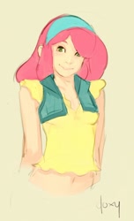 Size: 514x843 | Tagged: safe, artist:doxy, derpibooru import, apple bloom, human, clothes, female, humanized, light skin, midriff, simple background, smiling, solo