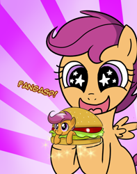 Size: 494x628 | Tagged: safe, derpibooru import, scootaloo, exploitable meme, fangasp meme, meme, sandwich, scootaburger