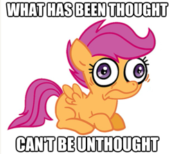 Size: 627x558 | Tagged: safe, derpibooru import, scootaloo, pegasus, female, filly, image macro, implied scootabuse, orange coat, purple mane, solo